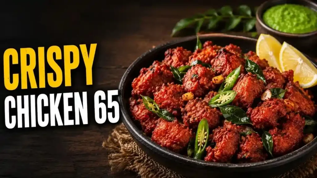 Indian Chicken 65 recipe served with crispy fried chicken, curry leaves, green chilies, and garlic.