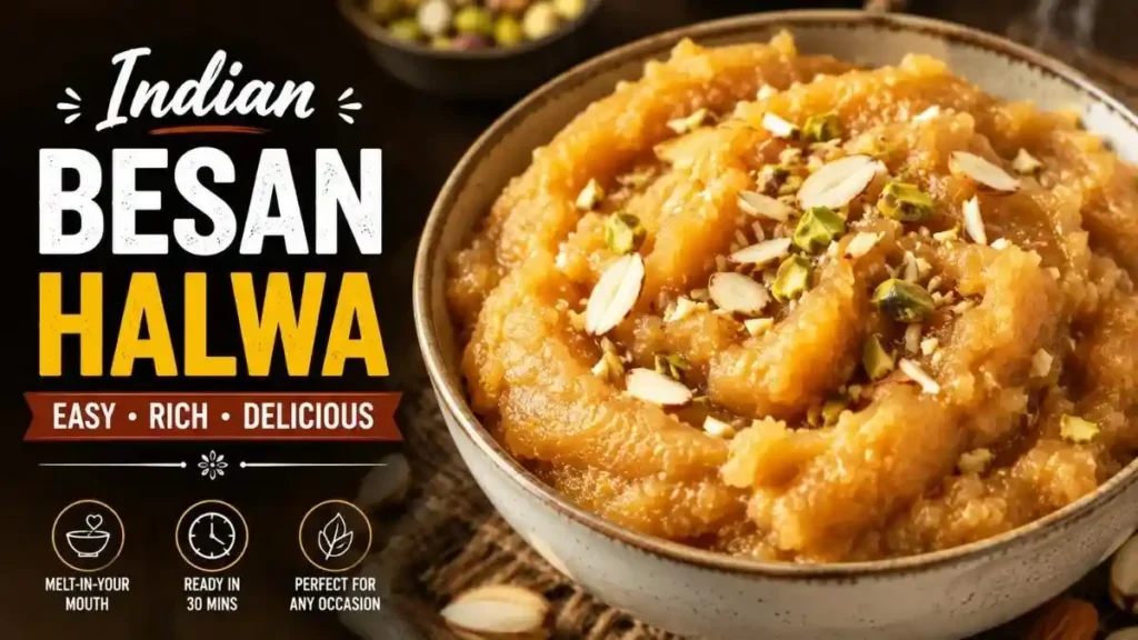 Indian Besan Halwa Recipe served in a bowl, made with roasted gram flour, ghee, milk, and cardamom, garnished with almonds and pistachios.