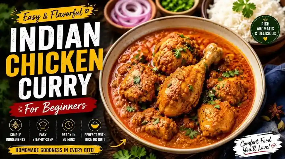 Indian chicken curry recipe for beginners served in a bowl with basmati rice and naan, featuring an easy homemade Indian curry.