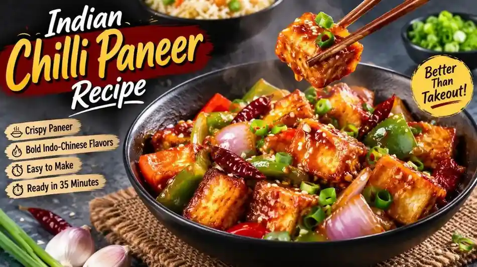 Indian chilli paneer recipe served with crispy paneer, bell peppers, onions, and flavorful Indo-Chinese sauce.