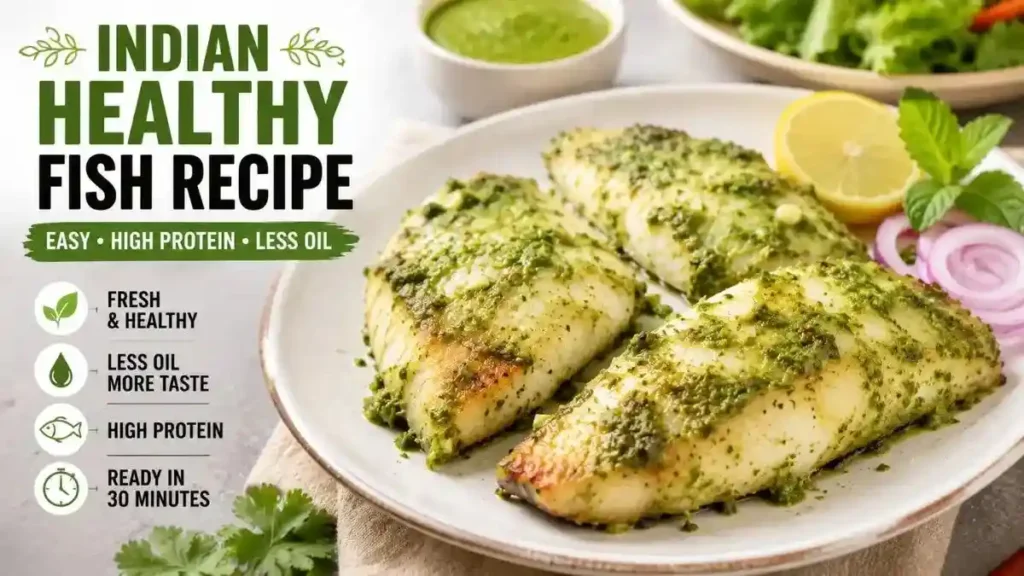 Indian healthy fish recipe made with fresh herbs, garlic, mint, and coriander, pan-fried with less oil for a high-protein healthy meal.