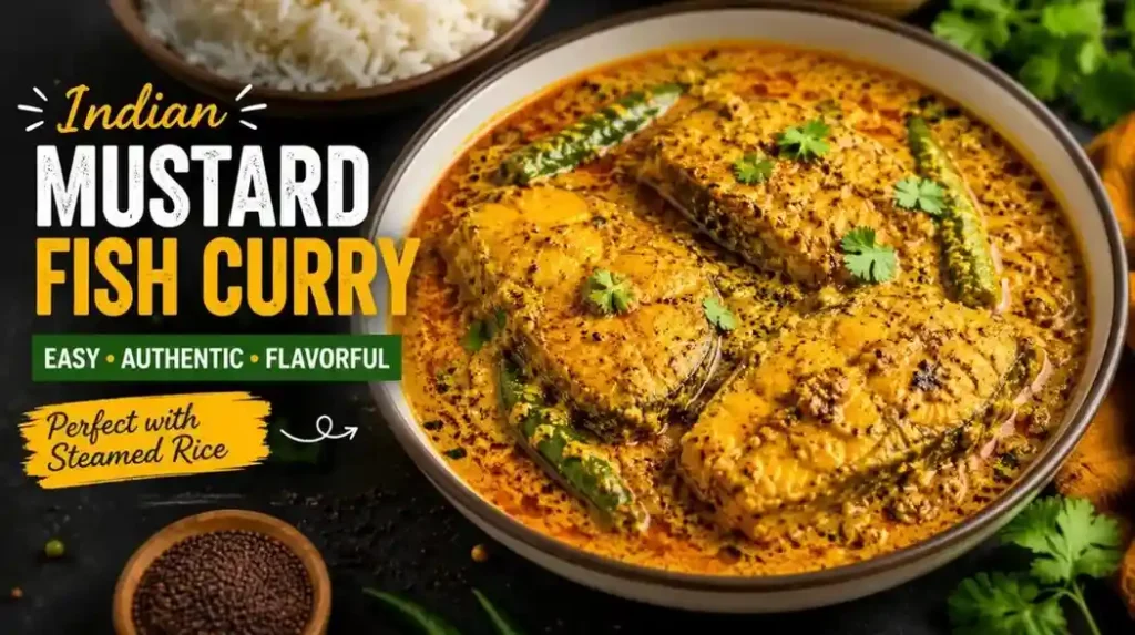 Indian Mustard Fish Curry Recipe made with tender fried fish in a rich mustard gravy, garnished with fresh cilantro and served with steamed rice.