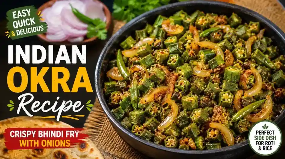 Indian okra recipe featuring crispy bhindi fry with onions, garlic, and Indian spices served in a skillet