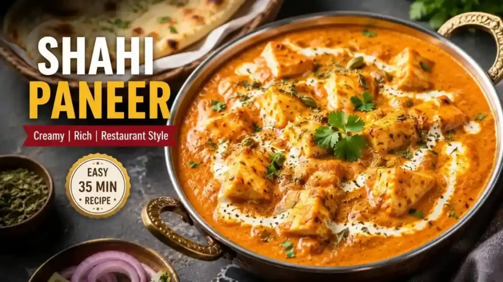 Indian Shahi Paneer recipe served in a creamy restaurant-style gravy with soft paneer cubes and fresh herbs
