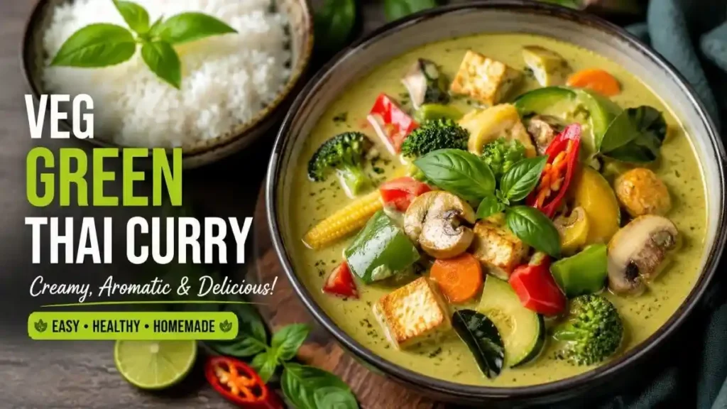Creamy veg green Thai curry recipe with tofu, broccoli, mushrooms, bell peppers, zucchini, carrots, and coconut milk served with steamed rice.